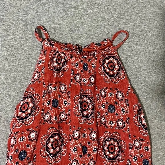 ☔️ Blue Rain Halter Dress~Juniors’ Sz 14~Red/Orange w/ Navy & White Boho Design - Picture 3 of 10